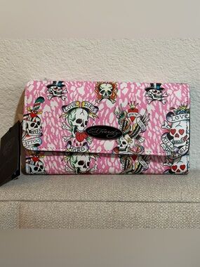ED HARDY Pink Tattoo Skull Wallet NWT